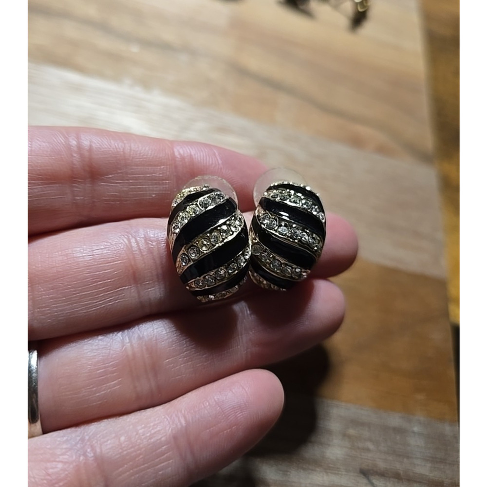 Vtg Silver Tone Black Enamel Rhinestone Old Hollywood Glam Earrings Jewelry - Picture 2 of 5